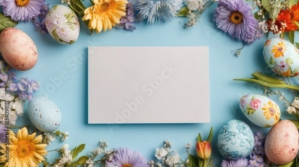 Obraz A square white card with rounded corners sits on a light blue background surrounded by colorful Easter eggs and vibrant 