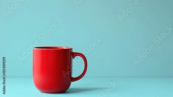 Obraz A glossy red mug with an inward curving handle stands alone on a flat surface against a plain light blue background,