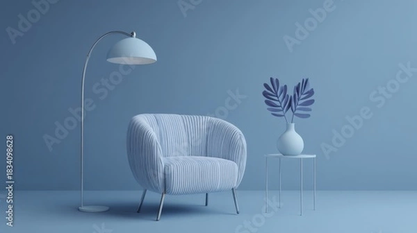 Obraz An industrial-style metal-framed floor lamp with a vintage bulb stands beside a wooden chair, a small table with a vase,