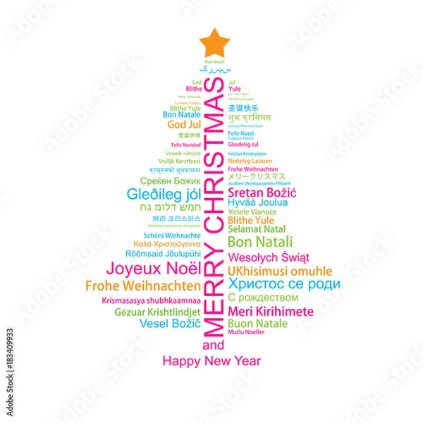 Fototapeta Merry Christmas and Happy New Year in different languages in the shape of Christmas three, celebration word tag cloud greeting card, vector art