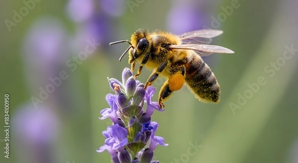 Obraz Macro European Honey Bee Collecting Pollen on Blooming Purple Lavender Flower