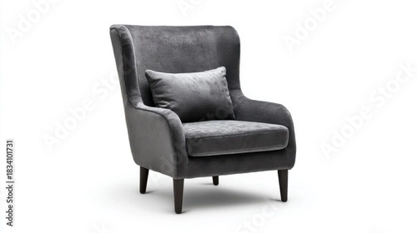 Obraz A sleek modern armchair with dark gray upholstery and tapered wooden legs sits against a plain white background,