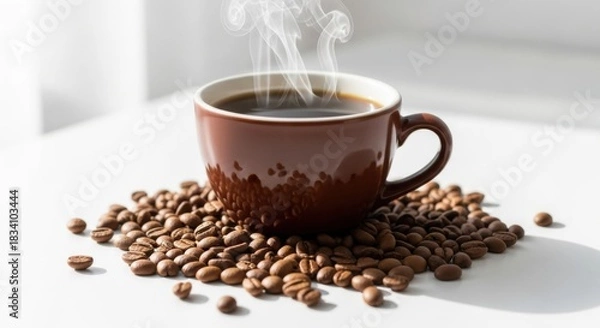 Obraz Brown ceramic coffee cup with steaming coffee surrounded by roasted coffee beans on light background

