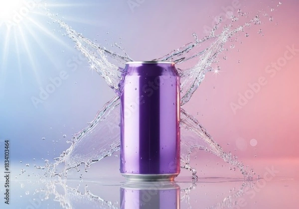 Obraz Vibrant purple beverage can with dramatic water splash on reflective surface and colorful gradient background
