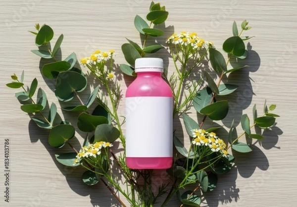 Obraz Pink plastic bottle with blank white label surrounded by green eucalyptus leaves and small yellow flowers on light wood surface
