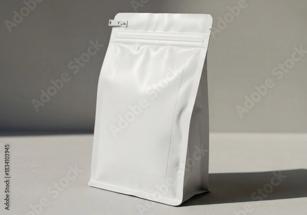 Obraz White stand-up pouch with zip-lock seal in natural sunlight on neutral background

