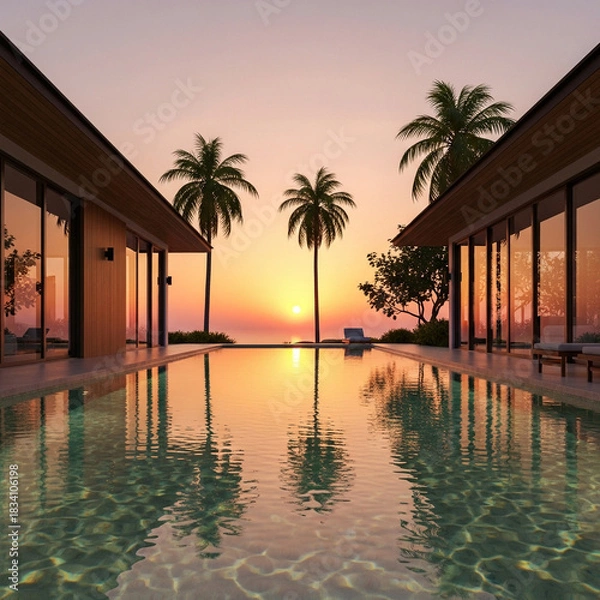 Obraz 석양 노을을 마주한 어느 고급 풀빌라 맨션의 정경