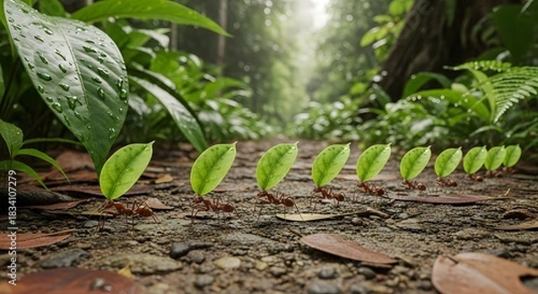 Obraz Leafcutter Ant Colony Teamwork Carrying Green Leaves Tropical Forest Trail