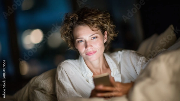 Fototapeta Woman resting her head on a pillow while holding a glowing smartphone above her, shadows creating dramatic contrast, tired expression under blue light, late-night tech use theme