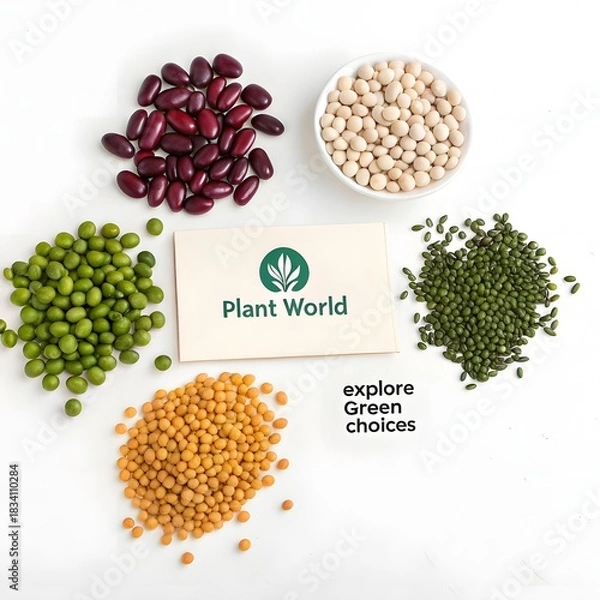 Fototapeta Various types of beans arranged on white background in flatlay style