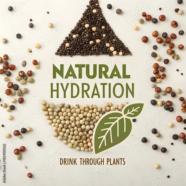 Fototapeta Seeds forming a drop shape with plant leaf and text