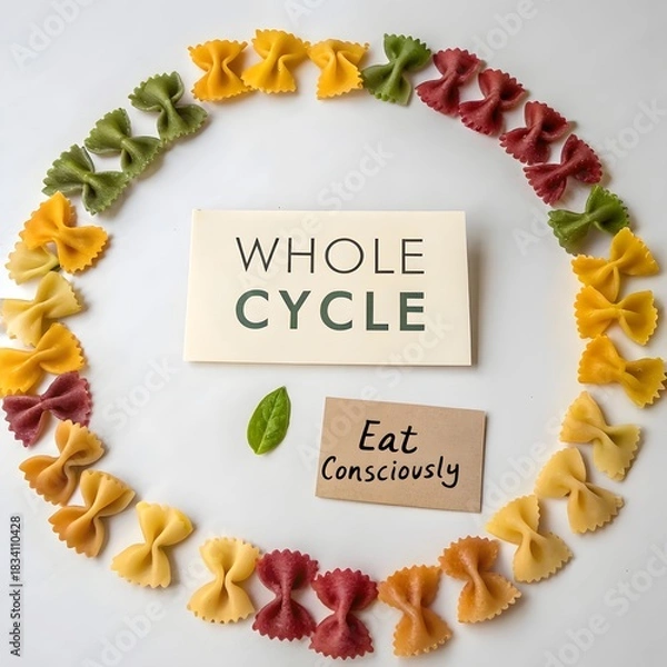 Fototapeta A circular arrangement of colorful vegan pasta shapes