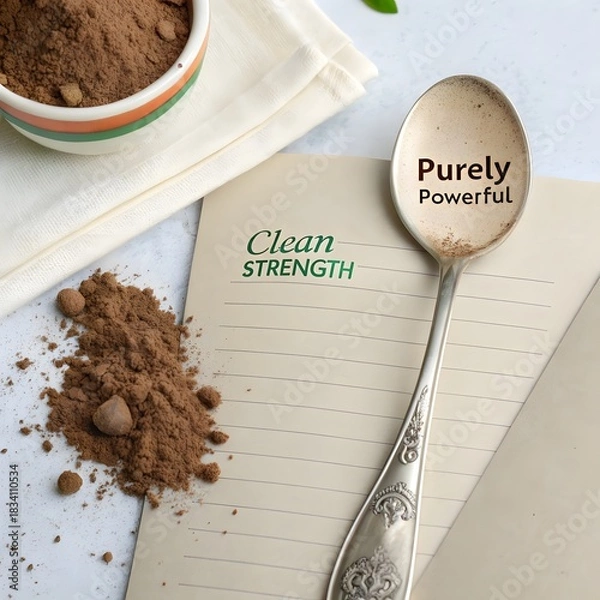 Fototapeta Protein powder on spoon beside notebook for product advertisement