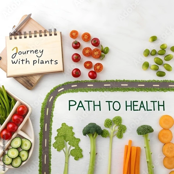 Fototapeta Vegetables forming a road representing the path to health