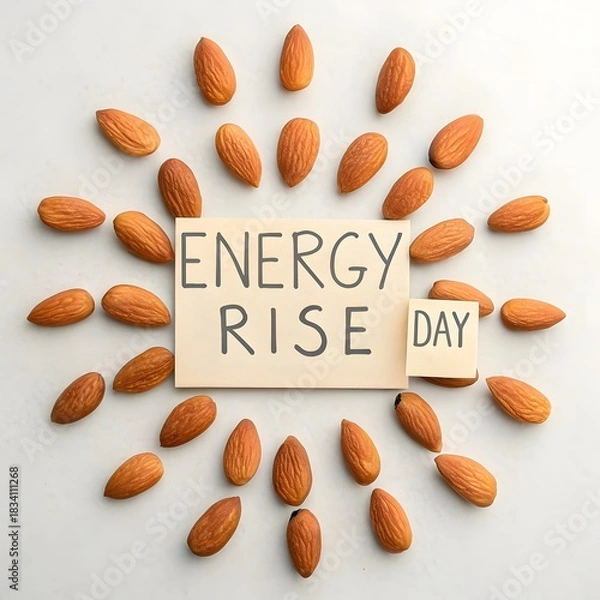 Fototapeta Almonds arranged in sun shape around Energy Rise Day message