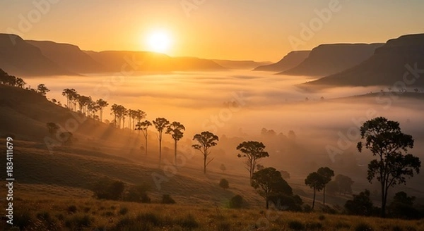 Fototapeta Sunrise over the misty valley with trees and mountains.