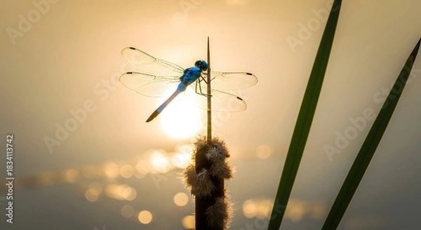 Obraz Blue Dragonfly on Cattail Silhouette Against Golden Sunset Bokeh Light