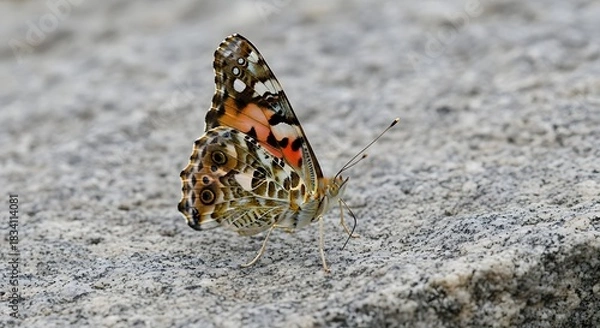 Obraz Vibrant Painted Lady Butterfly Resting on Speckled Granite Rock Nature Macro