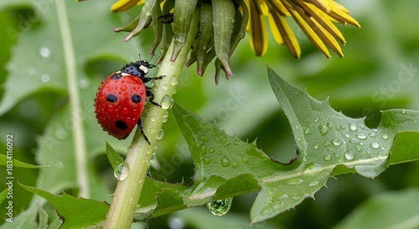 Obraz Vibrant red ladybird beetle covered in morning dew on green stem macro