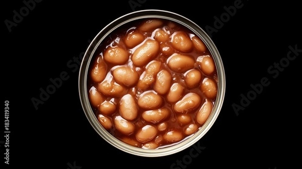 Obraz Top View of Canned Baked Beans in Tomato Sauce on Black Background