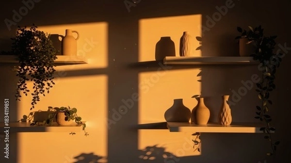Fototapeta Warm golden hour light bathes a stylish minimalist interior, illuminating decorative shelves holding ceramic vases and green plants, creating artistic shadows on the wall