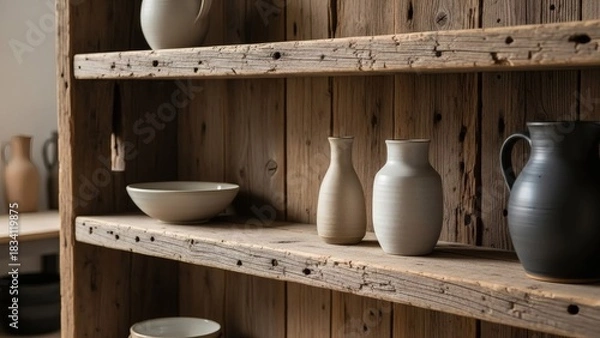 Fototapeta Rustic Charm A close-up view of handcrafted ceramic pottery, including vases, bowls, and pitchers, elegantly arranged on distressed wooden shelves, showcasing a natural and timeless aesthetic