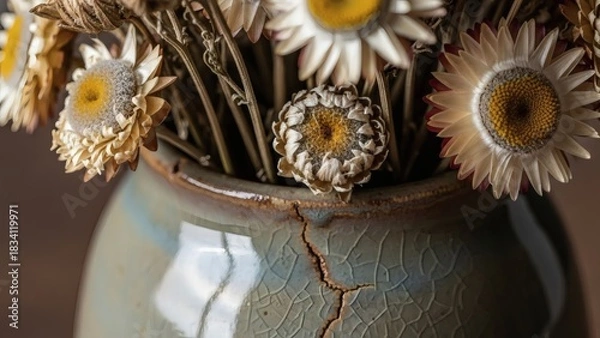 Fototapeta A close-up of beautifully aged dried daisy-like flowers arranged in a rustic, cracked ceramic vase, highlighting natural textures and the passage of time