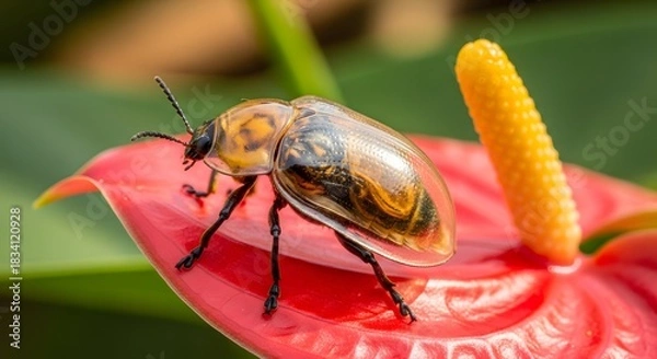 Obraz Translucent Golden Beetle on Vibrant Red Tropical Anthurium Flower Macro