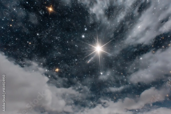 Fototapeta Night sky with bright star and clouds. Cosmic universe backdrop. Holiday background, astronomy and astrology concept.