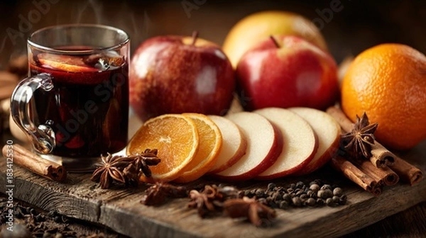 Obraz Warm-lit mulled wine ingredients like spices, sliced apples and dried oranges, arranged loosely on rustic wooden board with central empty zone