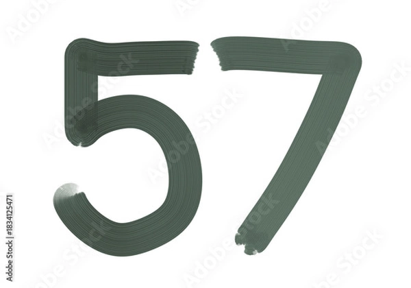Obraz Number fifty-seven, 57 made with Plaster Rake Brush on transparent background, Digit, Black color, Dark-green color, isolated background, Illustration, Typography, Handmade, Set 0-100