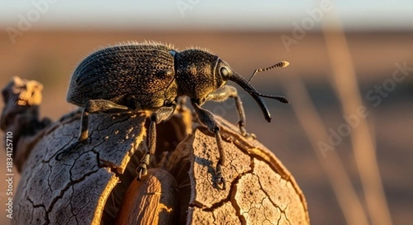 Obraz Stunning Macro Snout Beetle Portrait on Dry Pod at Golden Sunset