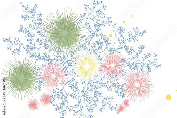 Fototapeta Botanical abstract artwork, radial burst pattern, colorful organic design, branching network structure, stylized flower symmetry, vector illustration, decorative texture