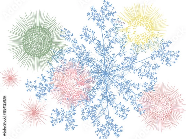 Fototapeta Abstract network diagram, radial burst pattern, colorful fractal structure, data visualization art, organic symmetry, branching design, vector illustration