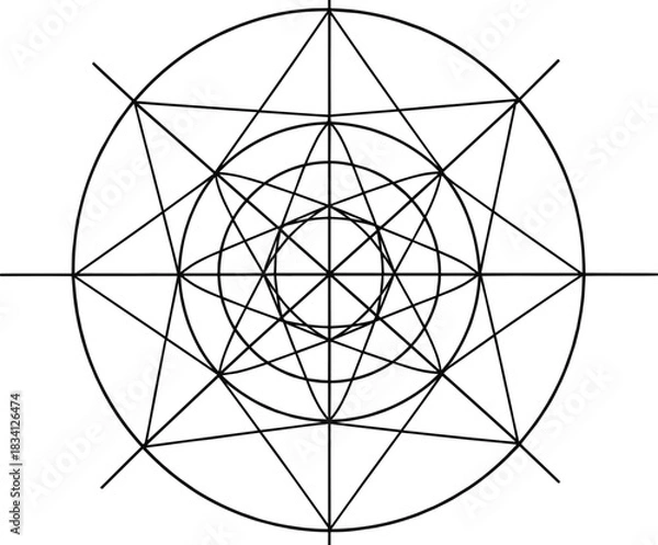 Fototapeta Geometric mandala illustration, radial symmetry, starburst triangle pattern, concentric circle design, abstract spirograph artwork, vector composition, mathematical motif