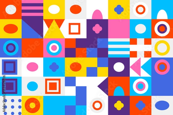 Fototapeta Vibrant and diverse geometric shapes in a colorful mosaic grid pattern, creating an abstract background for modern design and creative projects.
