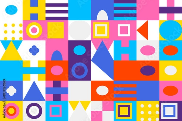 Fototapeta Vibrant abstract geometric pattern background. colorful shapes like squares, circles, triangles, and lines create a modern, dynamic, and playful visual.