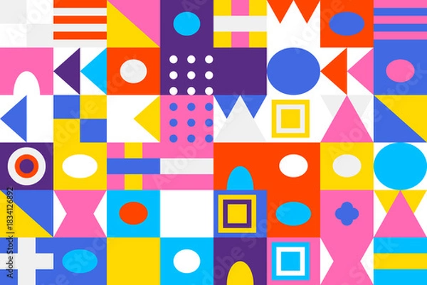 Fototapeta Colorful abstract geometric pattern background with diverse shapes and vibrant colors creating a modern, playful, and energetic visual design texture.