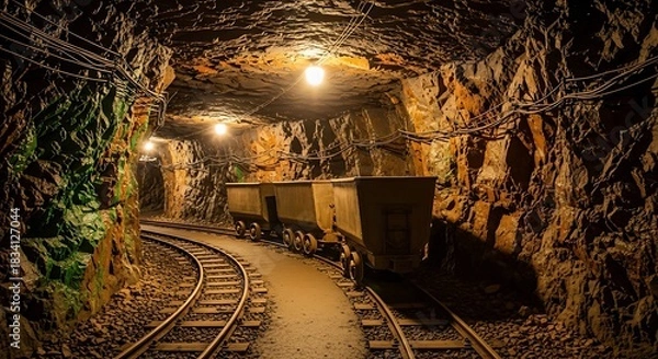 Fototapeta Underground Mine Tunnel with Rail Tracks and Mining Carts.