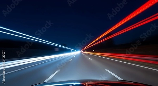 Fototapeta Dynamic long exposure shot of a highway at night, showcasing vibrant light trails from passing vehicles.
