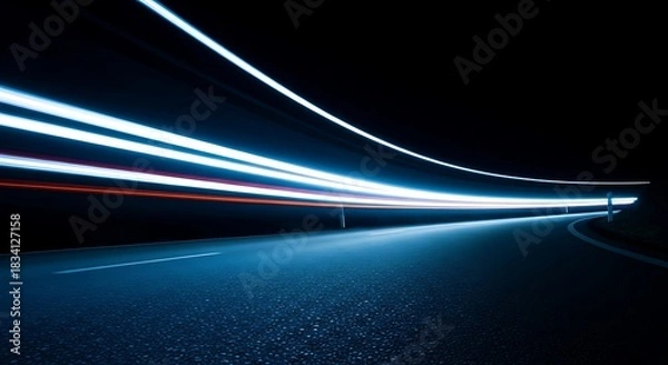 Fototapeta Dynamic Light Trails on a Dark Road at Night.