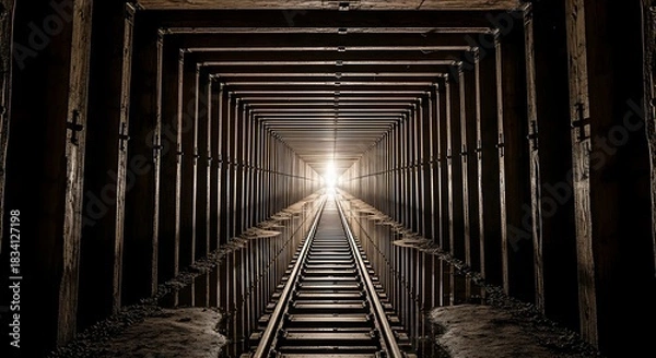 Fototapeta Long dark tunnel with railway tracks leading to a bright light at the end, creating a sense of mystery and journey.