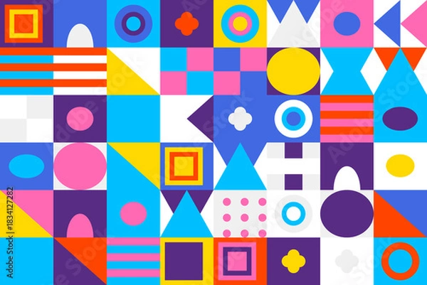 Fototapeta Colorful geometric abstract pattern with various shapes including squares, circles, triangles, ovals, and stripes creating a vibrant, modern background.