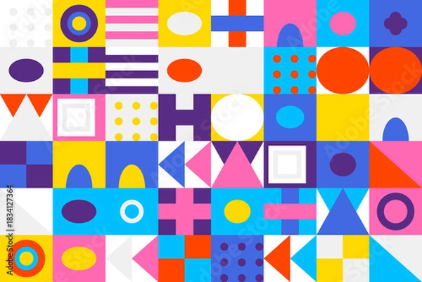 Fototapeta Colorful abstract geometric pattern background with vibrant shapes including circles, triangles, and squares, ideal for modern design projects and creative use