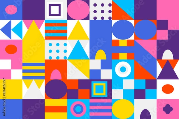 Fototapeta Colorful abstract geometric mosaic pattern background with a modern design, featuring squares, circles, and triangles in vibrant, bold hues.