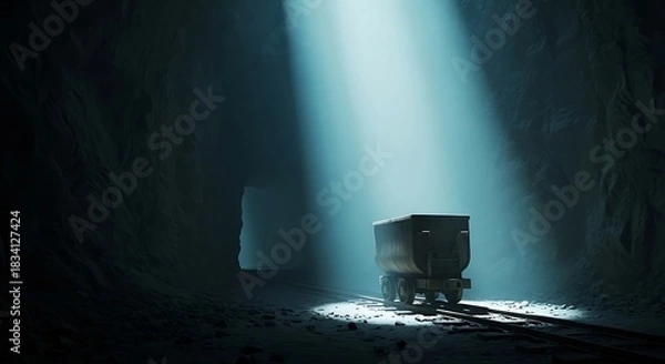 Fototapeta Mysterious Light Beam Illuminates an Old Mine Cart on Tracks in a Dark Underground Tunnel.
