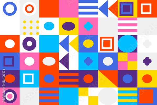 Fototapeta Vibrant abstract geometric pattern with diverse shapes and bright colors arranged in a dynamic grid mosaic, creating a playful modern background design.