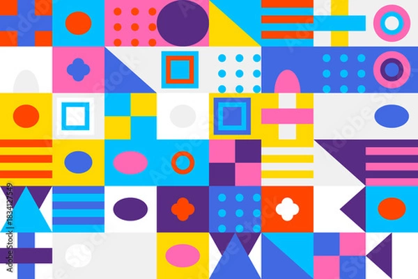 Fototapeta Vibrant abstract geometric pattern with diverse shapes in a modern grid mosaic, featuring bright primary and secondary colors for contemporary design backgrounds