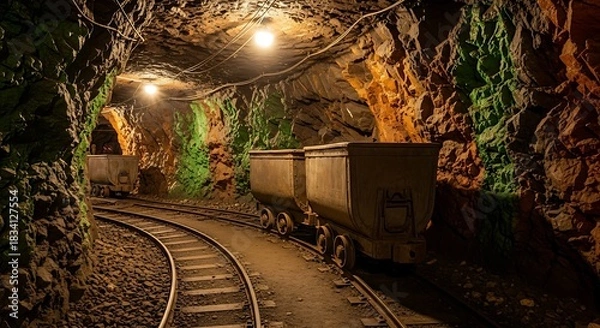 Fototapeta Illuminated Mine Tunnel with Rail Tracks and Mining Carts.