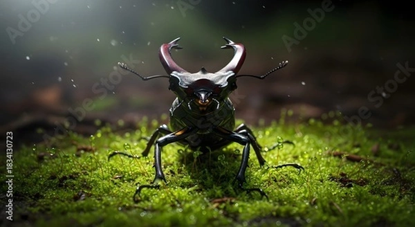 Obraz Dark stag beetle with huge antlers standing on wet vibrant green moss
